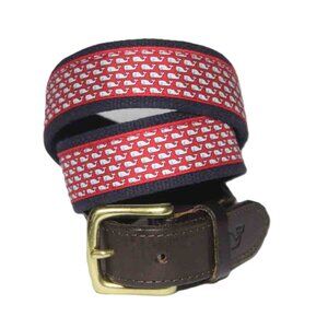 Vineyard Vines Canvas + Leather Belt Red Brown Blue Whales Men's Size 32